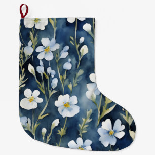 Grande Chaussette De Noël Fleurs Bleues Blancs Aquarelle Chic