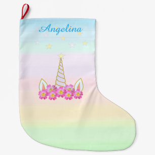 Grande Chaussette De Noël Fleurs de licorne et étoiles