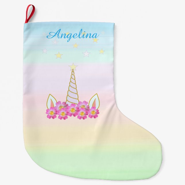 Grande Chaussette De Noël Fleurs de licorne & étoiles (Devant)