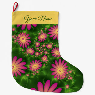 Grande Chaussette De Noël Fleurs d'Imaginaire rose vert Nom fractal Abstrait