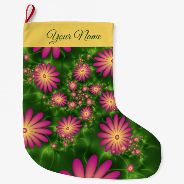 Grande Chaussette De Noël Fleurs d'Imaginaire rose vert Nom fractal Abstrait (Devant)