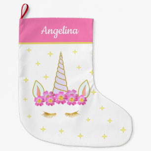 Grande Chaussette De Noël Fleurs et étoiles Unicorne en rose et blanc