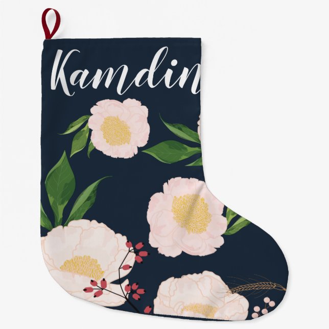 Grande Chaussette De Noël Fleurs florales blanches personnalisées sur fond f (Devant)