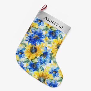 Grande Chaussette De Noël Fleurs Jaunes Bleues Argent Noël
