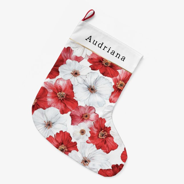 Grande Chaussette De Noël Fleurs Rouges Blanches Noël (Devant (Accrochage))