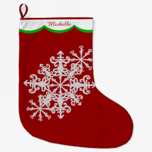 Grande Chaussette De Noël Flocon de neige blanc sur le rouge personnalisé