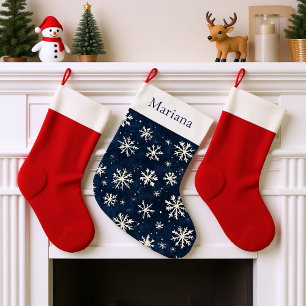 Grande Chaussette De Noël Flocon de neige bleu et blanc personnalisé