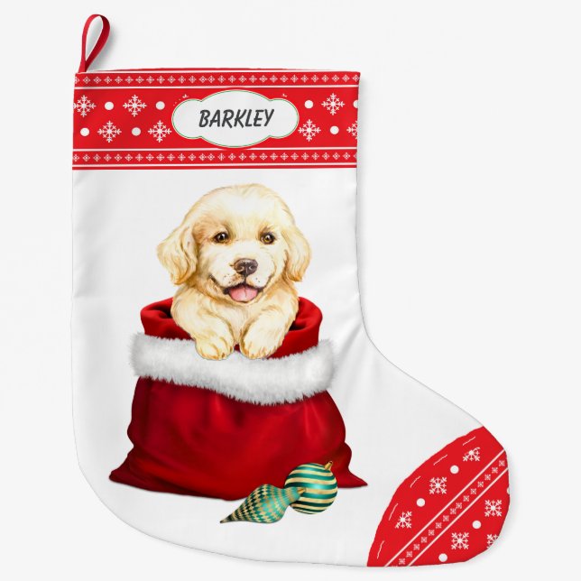 Grande Chaussette De Noël Flocon de neige Bordure Golden Retriever Cadeau Su (Devant)