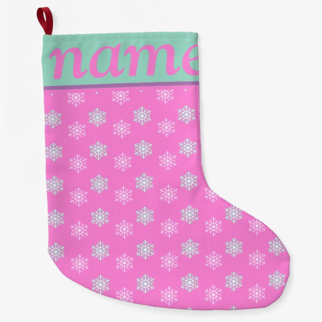 Grande Chaussette De Noël Flocon de neige de Noël rose (Devant)