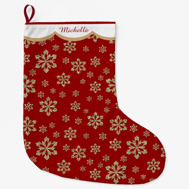 Grande Chaussette De Noël Flocon de neige d'or personnalisé (Devant)