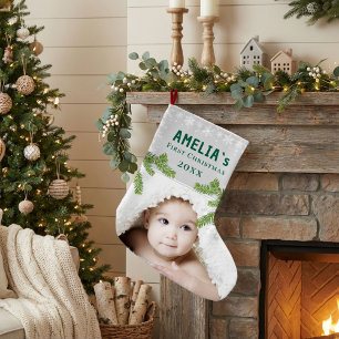 Grande Chaussette De Noël Flocon de neige rustique en pin pour la première p