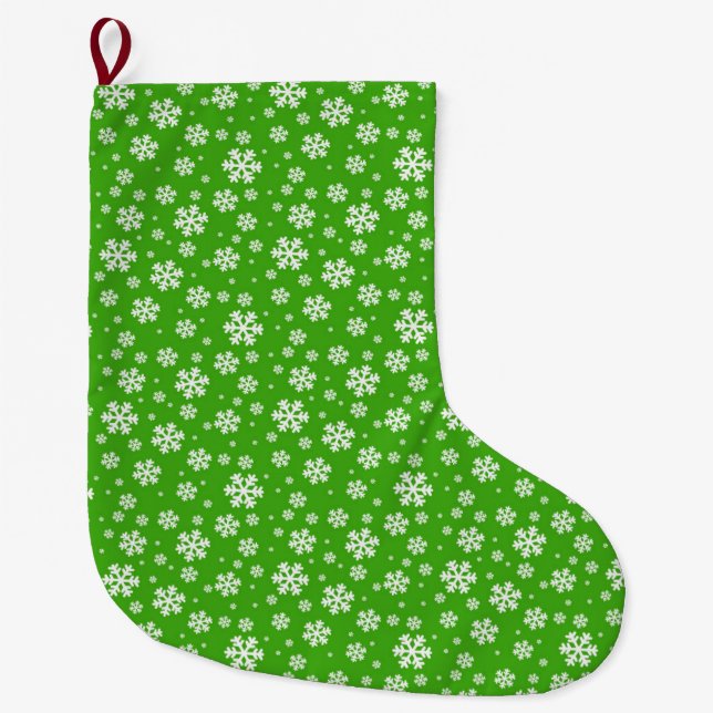 Grande Chaussette De Noël Flocons blancs sur motif vert d'hiver (Devant)