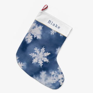 Grande Chaussette De Noël Flocons de neige bleu blanc