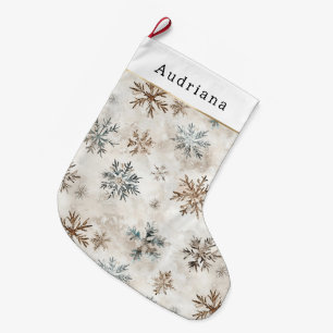 Grande Chaussette De Noël Flocons de neige bleu marron crème