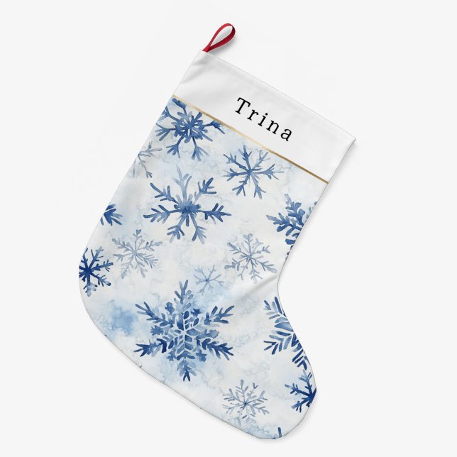 Grande Chaussette De Noël Flocons de neige de Noël bleu blanc (Devant (Accrochage))