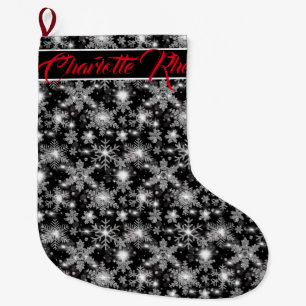 Grande Chaussette De Noël Flocons de neige festifs argentés pailletés motif