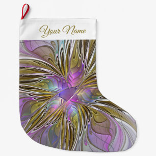 Grande Chaussette De Noël Floral Colorful Abstrait Fractal Pink & Gold Nom