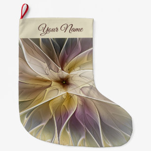 Grande Chaussette De Noël Floral Gold Eggplant Moderne Abstrait Nom fractal