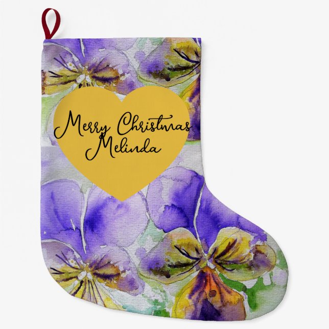 Grande Chaussette De Noël Floral Purple Viola Pansy Christmas Girls Name (Devant)