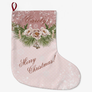 Grande Chaussette De Noël Floral rose victorien vintage et Pois