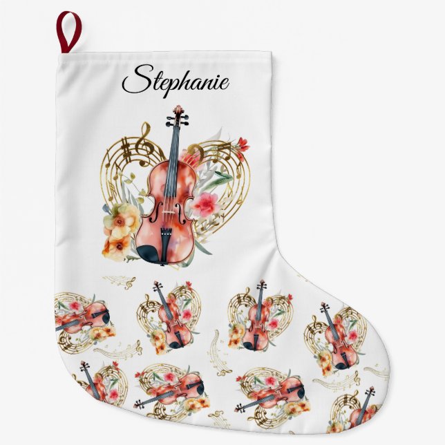 Grande Chaussette De Noël Floral Violins Gold Music Notes Noël (Devant)