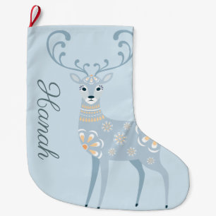 Grande Chaussette De Noël Folk Art Winter Deer Personnalisé