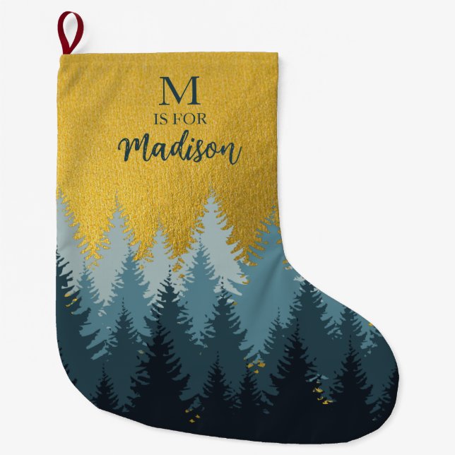 Grande Chaussette De Noël Forêt Arbres Golden Paysage Baby Monogramme (Devant)