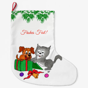Grande Chaussette De Noël Fröhliche Weihnachten, Hund und Katze auf Deutsch