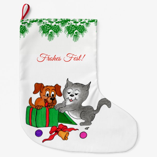 Grande Chaussette De Noël Fröhliche Weihnachten, Hund und Katze auf Deutsch (Devant)