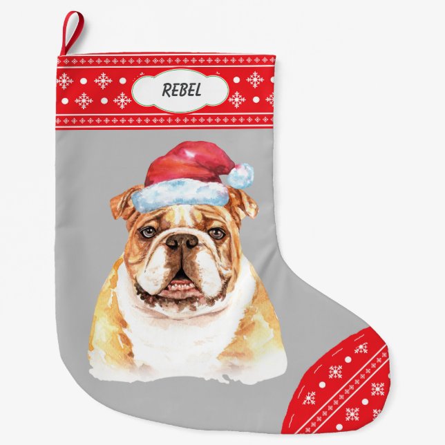 Grande Chaussette De Noël Frontière de Santa Hat Bulldog Snowflake (Devant)