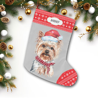 Grande Chaussette De Noël Frontière de Santa Hat Yorkie Snowflake