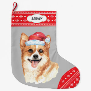 Grande Chaussette De Noël Frontière de Snowflake de Santa Hat Corgi