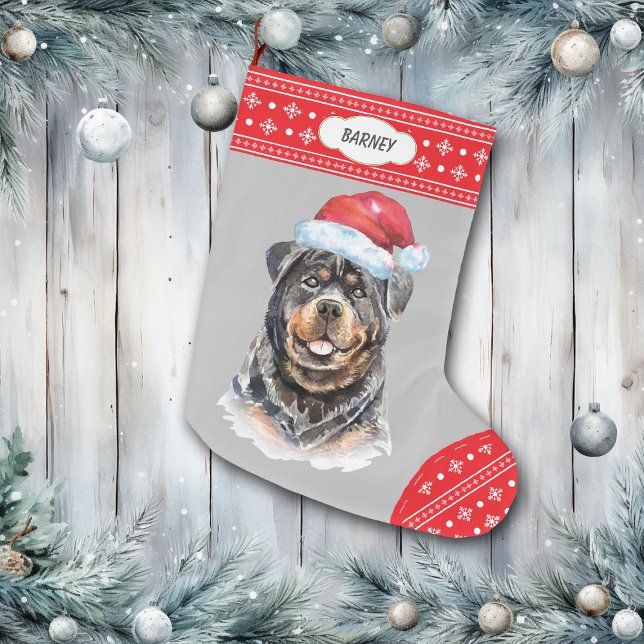 Grande Chaussette De Noël Frontière de Snowflake de Santa Hat Rottweiler (Créateur téléchargé)