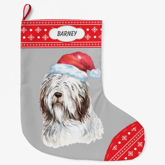 Grande Chaussette De Noël Frontière du flocon de neige de Collie hérissé de  (Devant)