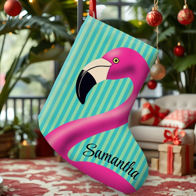 Grande Chaussette De Noël Fun Flamingo Hot Pink Aqua Stripes Modern Tropical (Vibrant personalized flamingo stocking with hot pink and aqua stripes for a tropical holiday.)