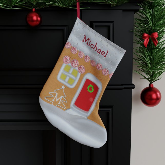 Grande Chaussette De Noël Funny Maison en pain d'épice Personnalisé Enfants (A fun and festive Christmas stocking inspired by a gingerbread house.)