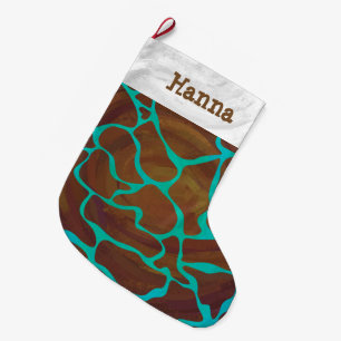 Grande Chaussette De Noël Giraffe Impression Brown et Turquoise