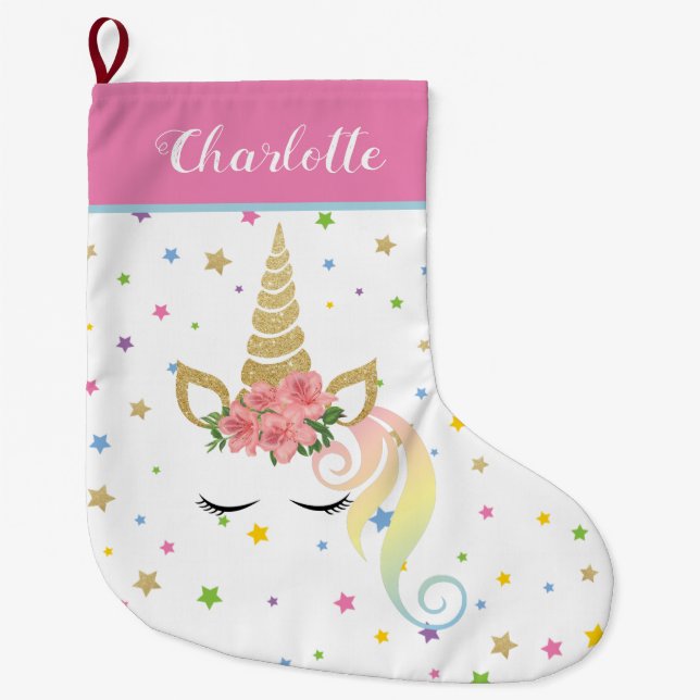 Grande Chaussette De Noël Girly mignonne Magique Unicorne Personnalisée (Devant)