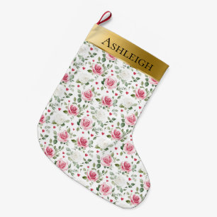 Grande Chaussette De Noël Glam Or Rose Blanc Floral Coeurs Noël