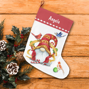 Grande Chaussette De Noël Gnome de ruban drôle avec oiseaux Personnalisé