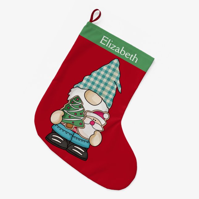 Grande Chaussette De Noël Gnome Rouge Vert Noël Fête Personnalisée (Devant (Accrochage))