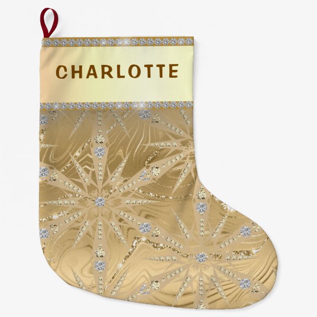 Grande Chaussette De Noël Gold Glitter Snowflake & Diamond Custom Name (Devant)