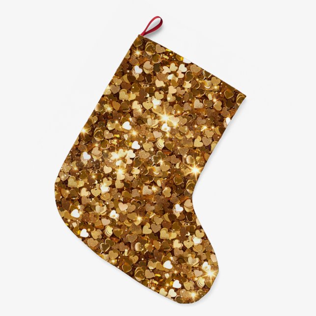 Grande Chaussette De Noël Gold Glitz Glam Sparkle Hearts (Devant (Accrochage))