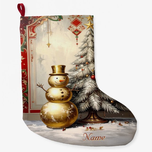 Grande Chaussette De Noël Gold Snowman Christmas Tree Holiday Stocking (Devant)
