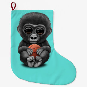 Grande Chaussette De Noël Gorille mignon de bébé jouant avec le basket-bal