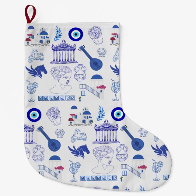 Grande Chaussette De Noël Grèce Bleu et Blanc (Devant)