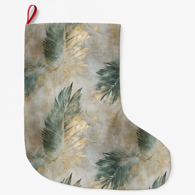 Grande Chaussette De Noël Green Glam Chic Gold White Feuilles tropicaux (Devant)