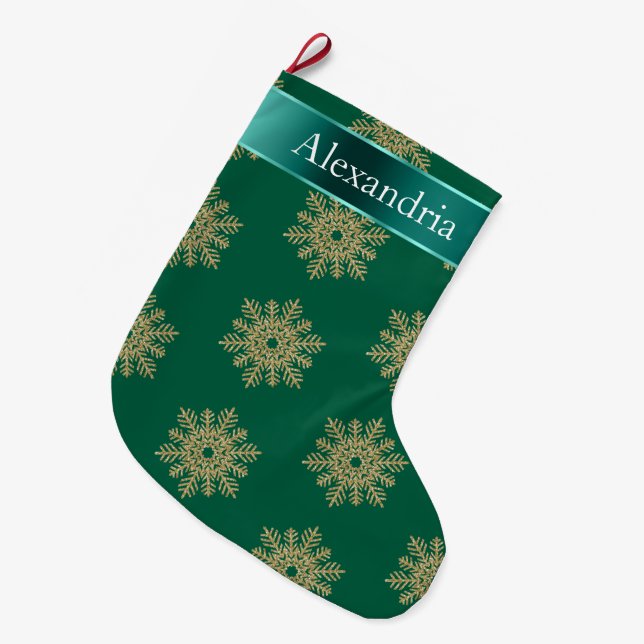 Grande Chaussette De Noël Green Gold Parties scintillant Snowflakes Nom de N (Devant (Accrochage))