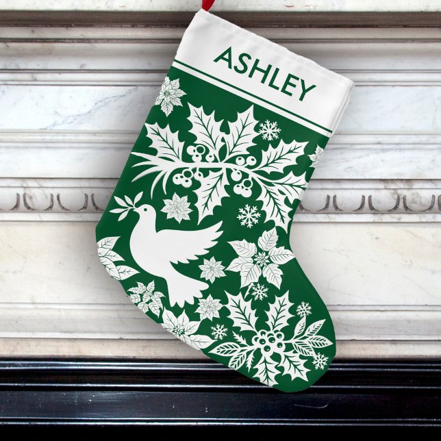 Grande Chaussette De Noël Green Holiday Toile Dove Holly and Poinsettia  (Créateur téléchargé)