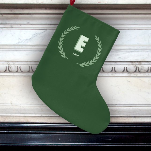 Grande Chaussette De Noël Green Laurel Wreath Letter E Monogram  (Créateur téléchargé)
